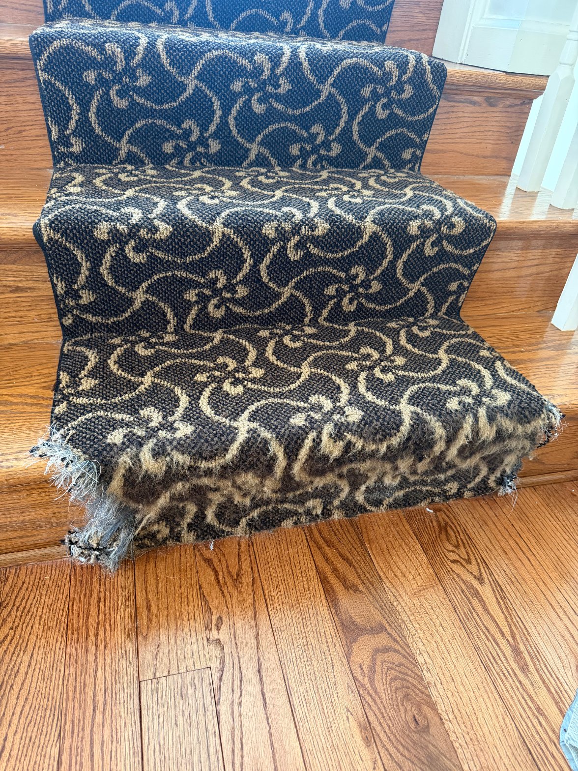 Navy Floral Pattern Stair Runner Repair — Before