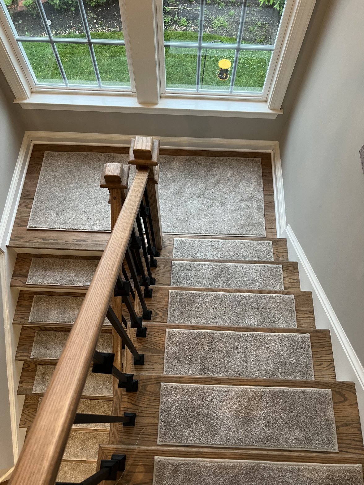 Neutral Textured Carpet Stair Treads and Landing Runner — After